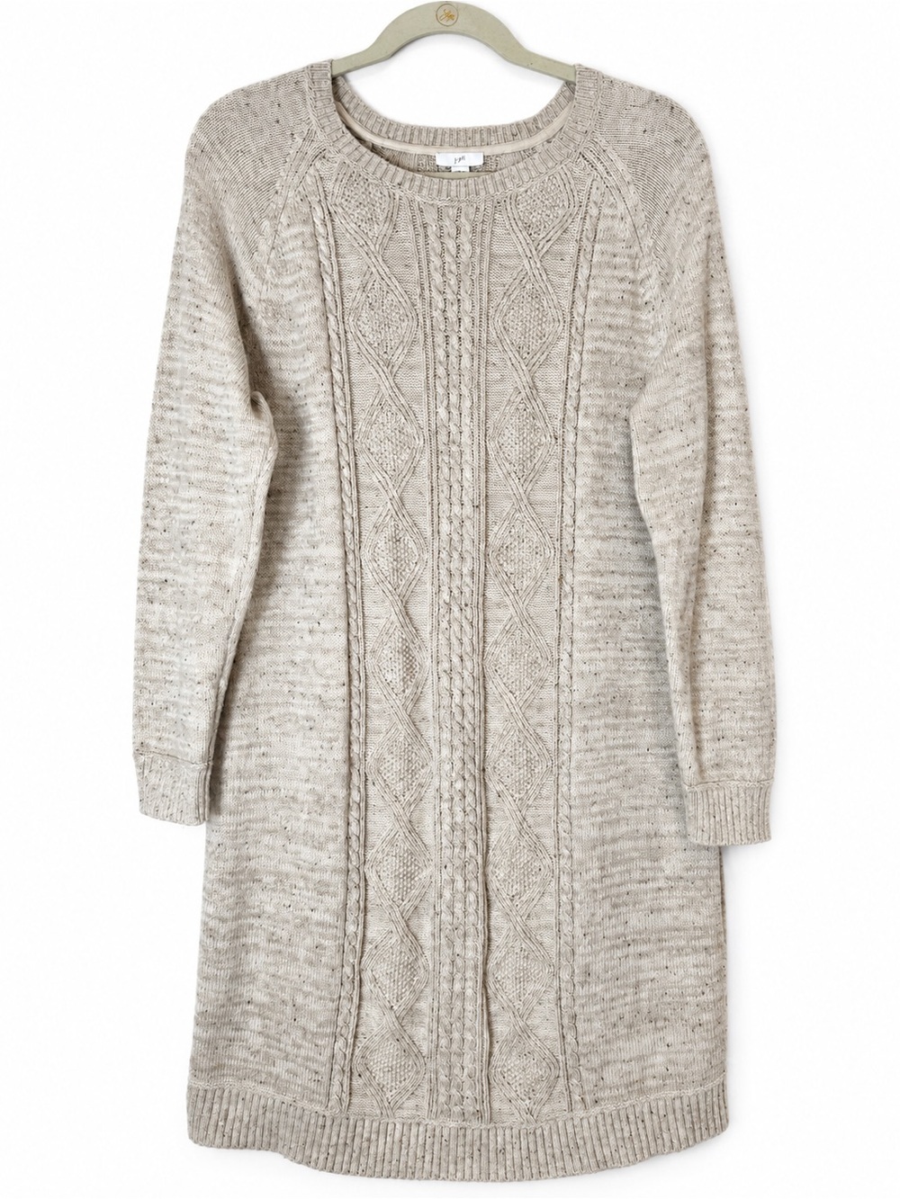 J. Jill Cable Knit Sweater Dress Large Petite Oatmeal Flecked Cotton Blend